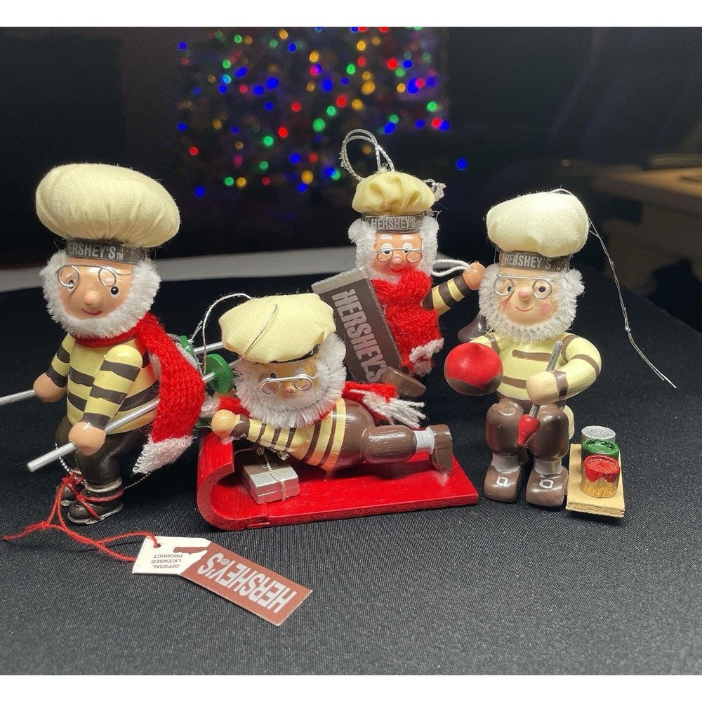 Vintage Hershey Ornaments Lot‎ of 4 Elves Skier, Painter, Sledding & Chef. New!